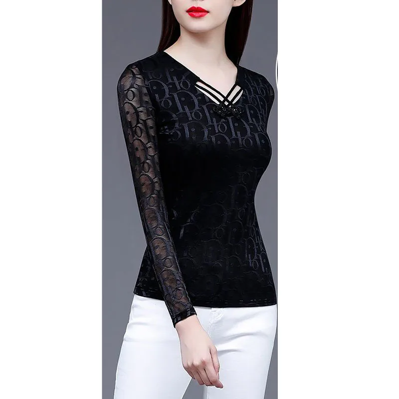 2023 New Autumn and Winter Fashion Underlay Laydown Shirt Temperament Commuter Comfortable Lace Women's Slim Fit Bow Top