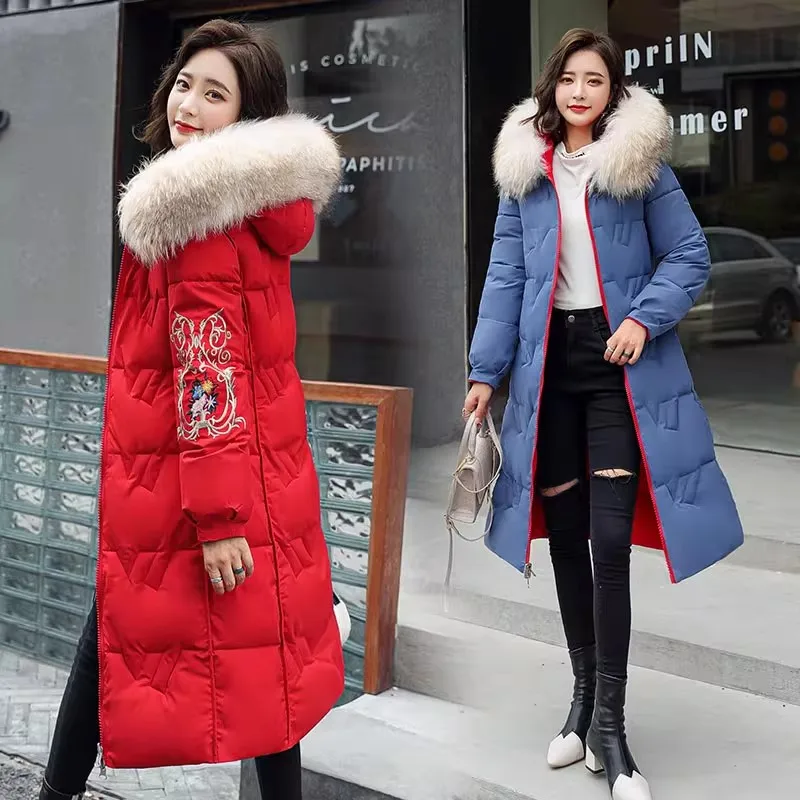 

Women Winter Two Sides Jacket With Fur Hooded Long Cotton Padded Female Warm Coat Outwear Print Parka