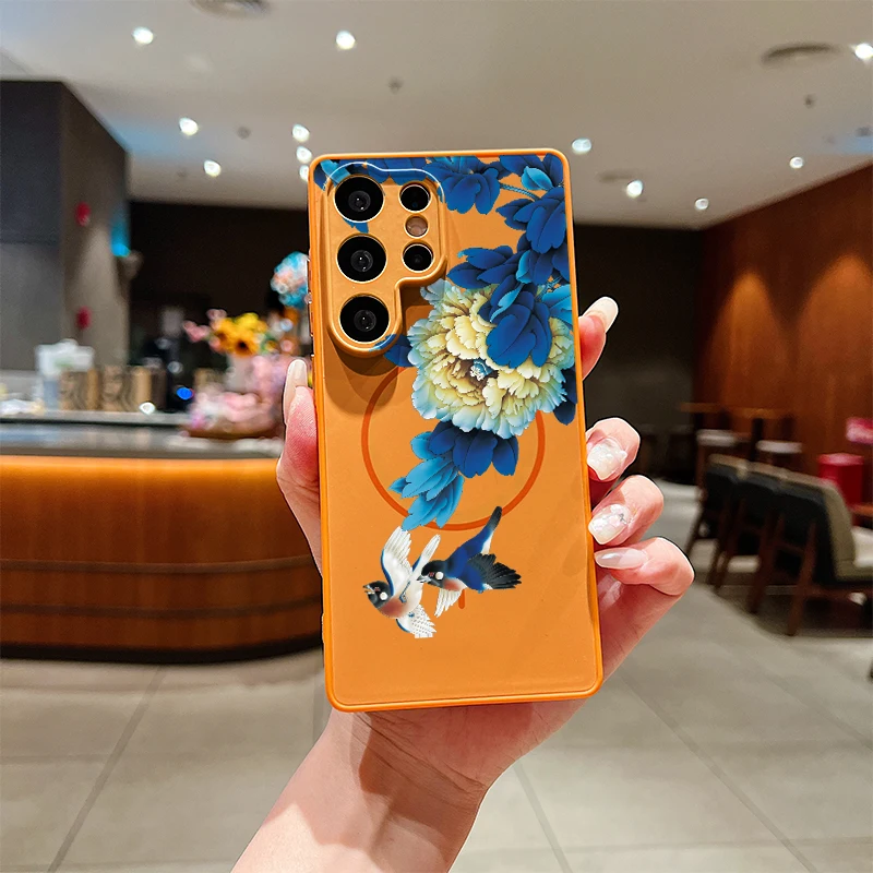 S26 Plus Flower Bird Print Phone Case For Samsung Galaxy S25 Edge S24+ S23 S22 Matte For Magsafe Skin Feel Magnetic Cover