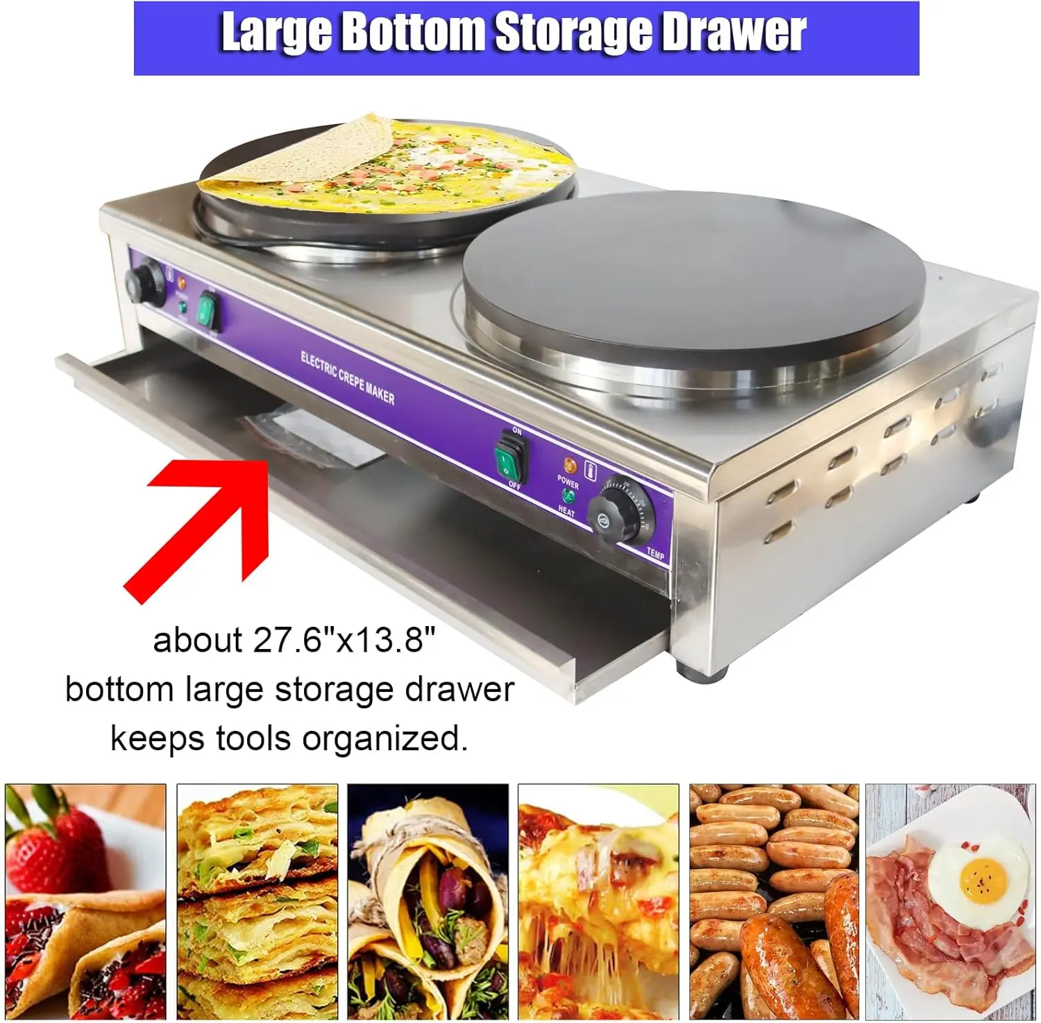 220V ไฟฟ้า Crepe Maker 3KW × 2 Commercial Pancake Maker Nonstick กระทะ Griddle เครื่องหม้อสําหรับ Blintzes ไข่เบคอน