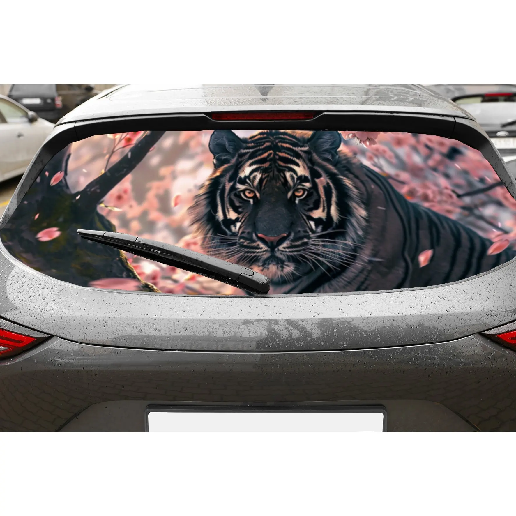

Tiger in Cherry Blossoms PVC Perforated Car Vinyl Wraps, Privacy Enhancing Design for Rear Window, Car Rear Windshield Sticker f