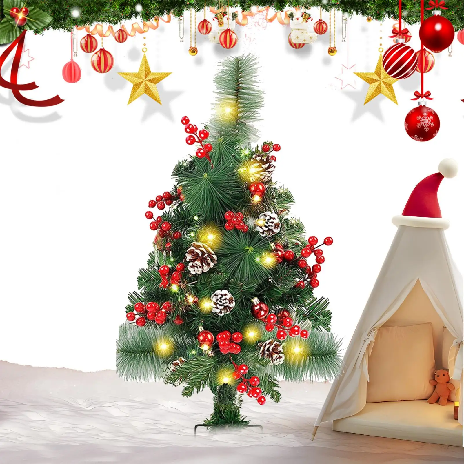 Artificial Christmas Tree 23.6 Inch With Stake Red Berry Pine Cone Holiday Decor Fake Christmas Tree Yard Garden Patio Entryway
