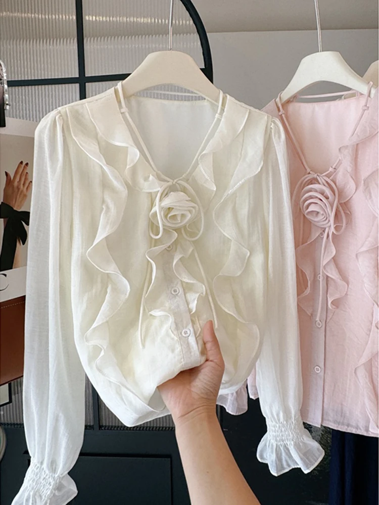 

Ruffled Lace-up Shirts For Women 2025 Spring Summer New Korean Style Long Sleeve Top Design Sense Niche V-neck Shirt