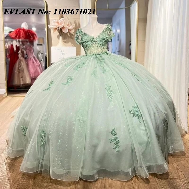 

EVLAST Shiny Mint Ball Gown Quinceanera Dress Beaded Lace Appliques With Bow Mexico Corset Sweet 16 Vestidos De XV 15 Anos SQ178