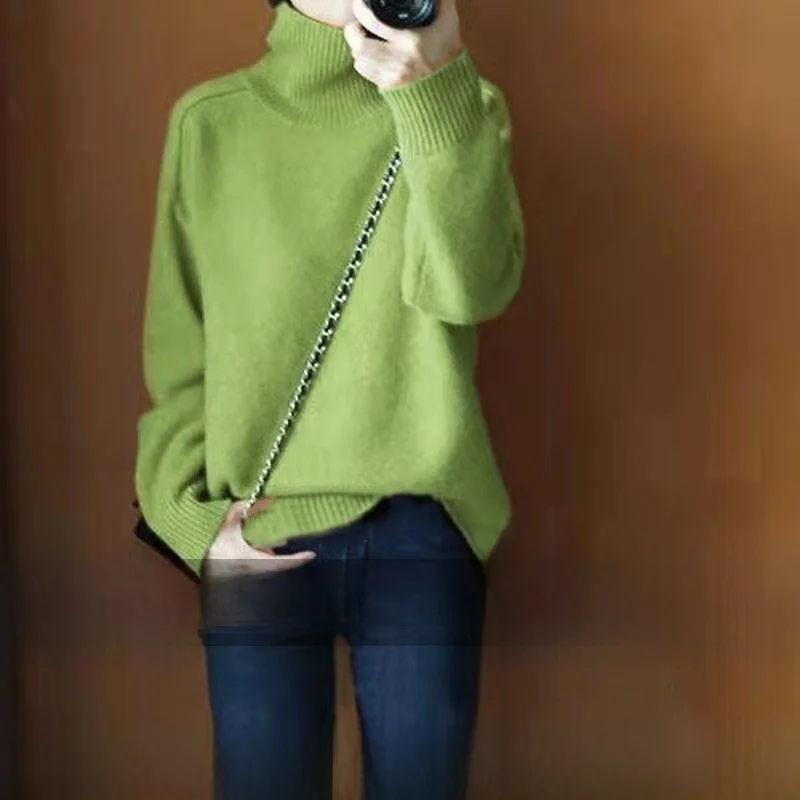 

New Green High Collar Thickened Cashmere Sweater Women's Overhead Knitted Loose Lazy Fashion Woolen Bottoming Thermal Long Sl...