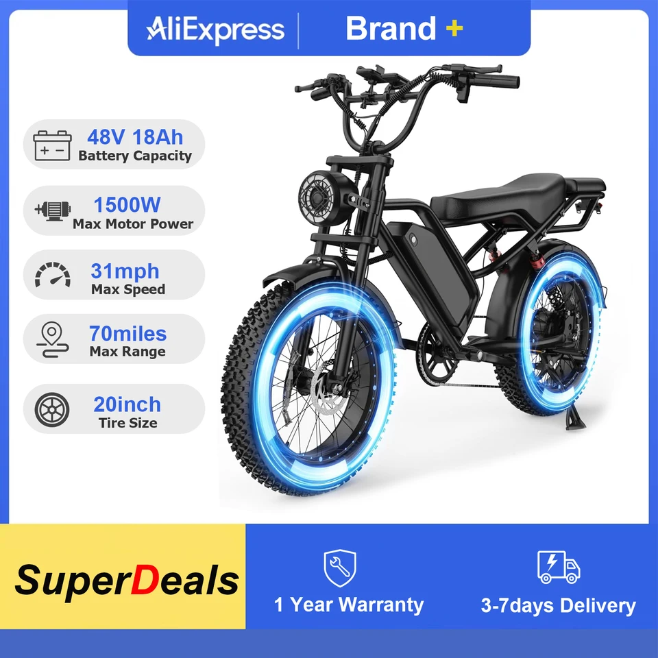 20" Fat Tire Electric Bike 1500W Peak Power 31mph Top Speed 70 Miles Range for Road Sand Mountain Snow Electric Motorcycle