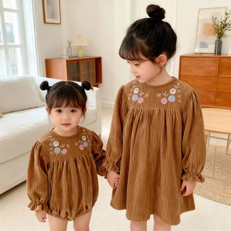 2023 neue 0-6Y Herbst Schwester Kleidung Kind Stickerei Kleider Frühling Baby Mädchen Bogen Cord Kleid Lange Ärmel Baby Mode strampler