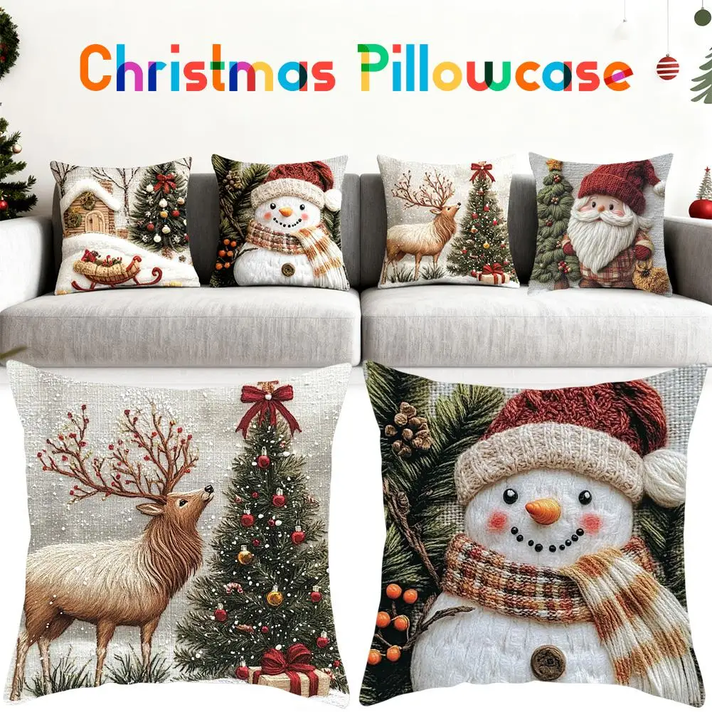 Christmas snow pillowcase: Embroidered dream cabin and bright starry sky New Year home decoration 2d flat printing