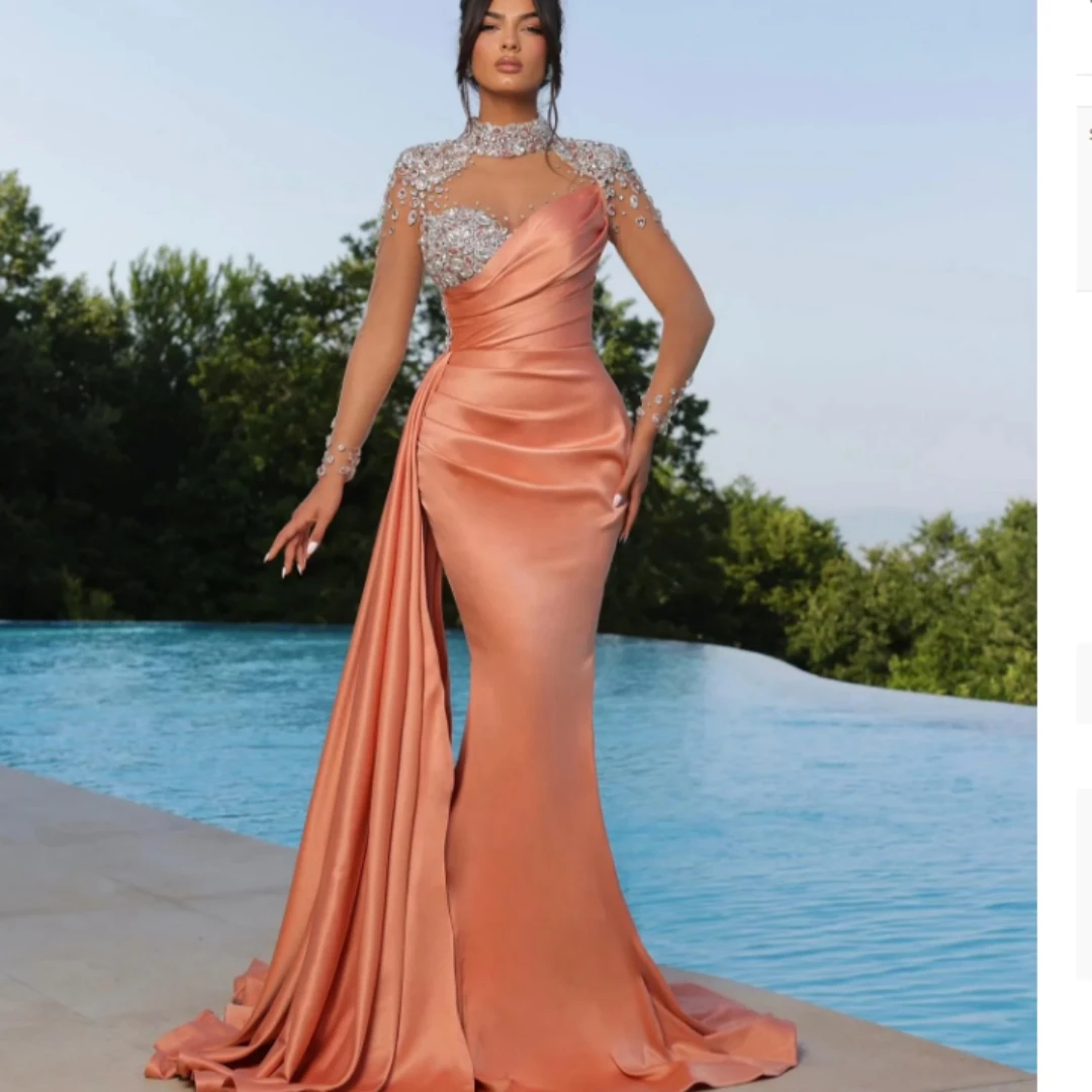 Vestido de noche de sirena de Coral elegante, vestido de fiesta de graduación con cuentas de cuello alto, ilusión de manga larga, plisado, largo