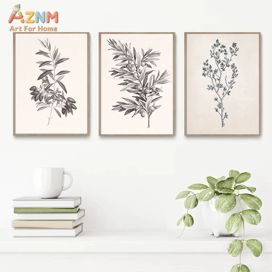 AZNM Vintage Olive Tree Botanical Sketch Canvas Wall Art, Retro Hand-Drawn Herb Branch Print Poster, Unframed Minimalist Black &