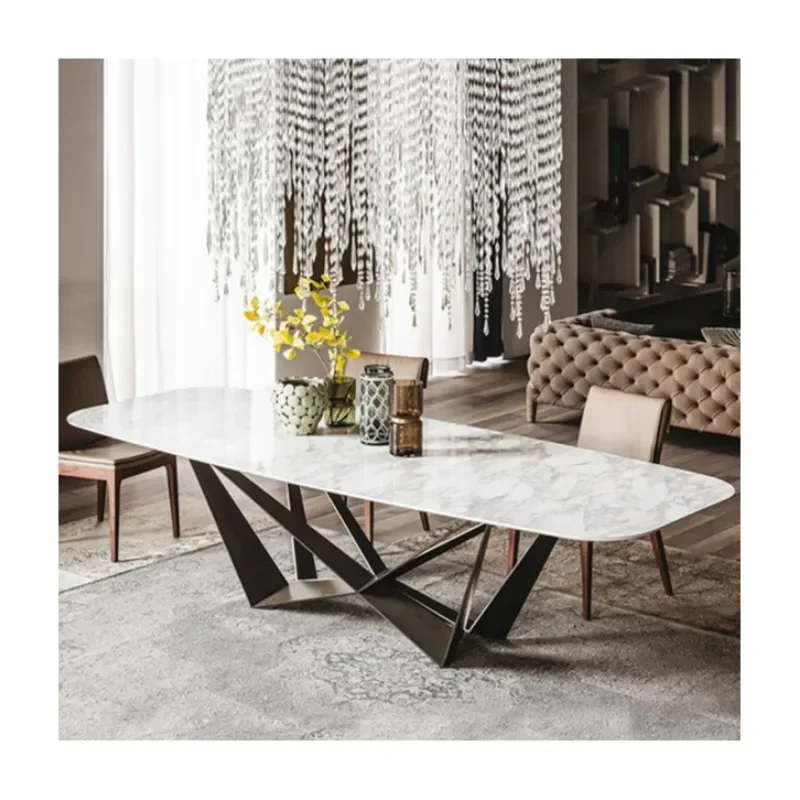 

Contemporary Design Kitchen Sintered Marble Top Dining Table With X-shape Metal Base