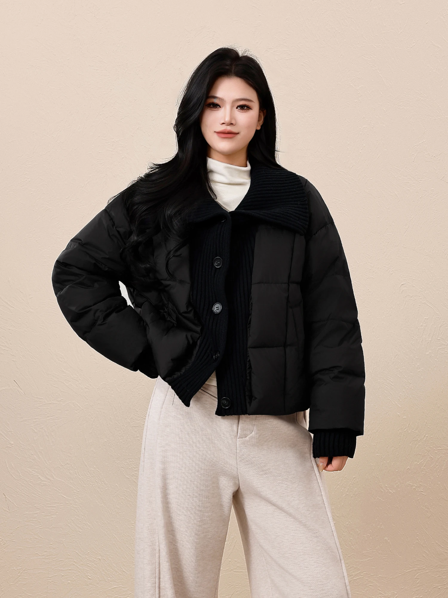 

Утепленная куртка Slim Fit с вязаными вставками и большим воротником для женщин, зимняя, теплая, модная, из нейлоновой ткани.