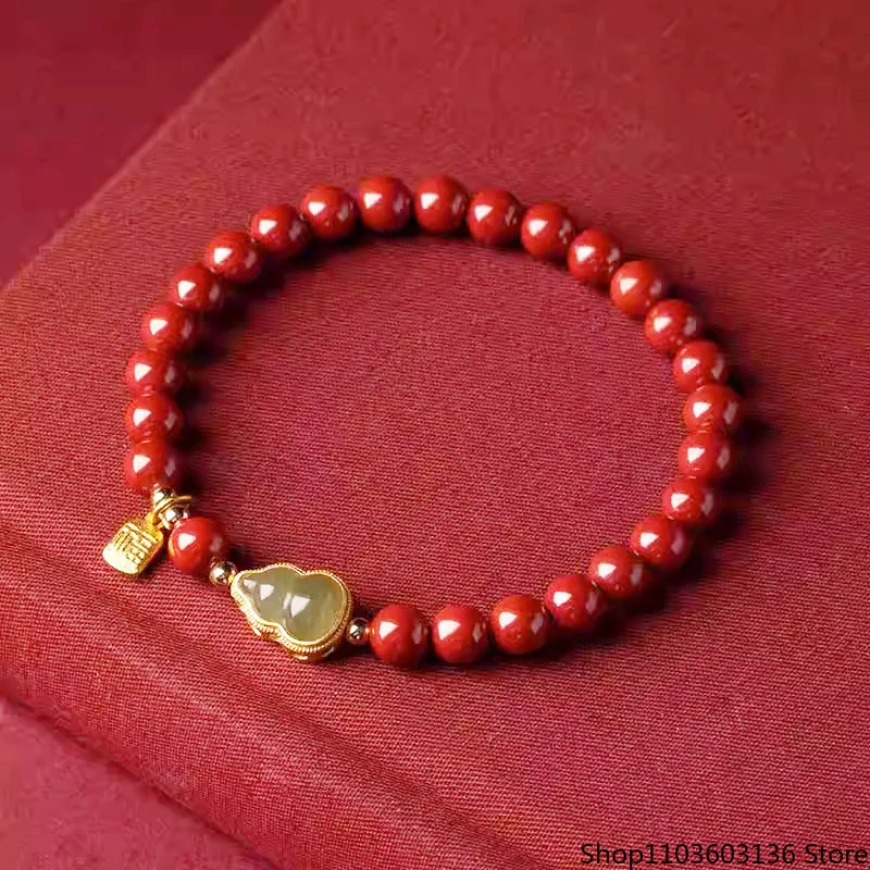 

Браслет из красной киновари с натуральным нефритом и резной тыквой, настоящий драгоценный камень, талисман удачи, модный подарок для женщин и девушек
