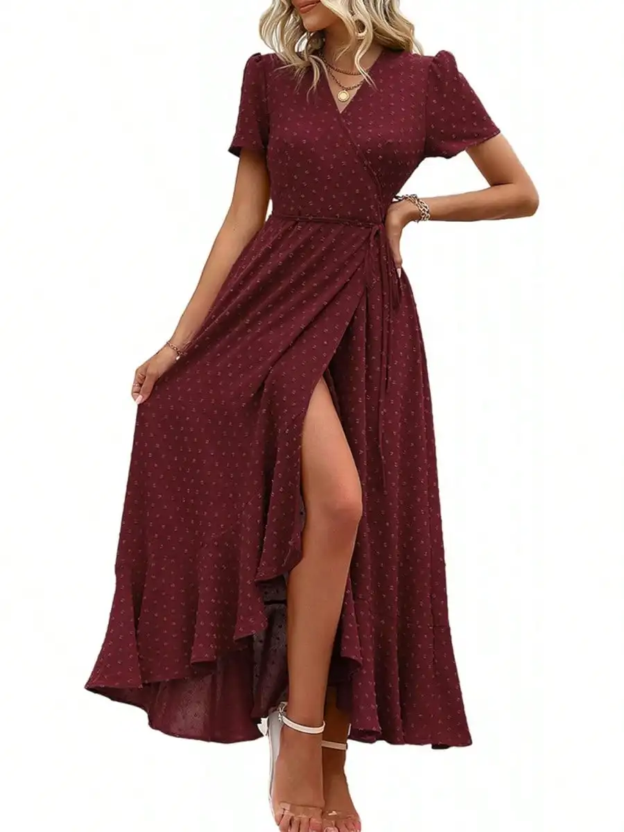 

Womens Boho Wrap V Neck Short Sleeve Maxi Dress Flowy High Split