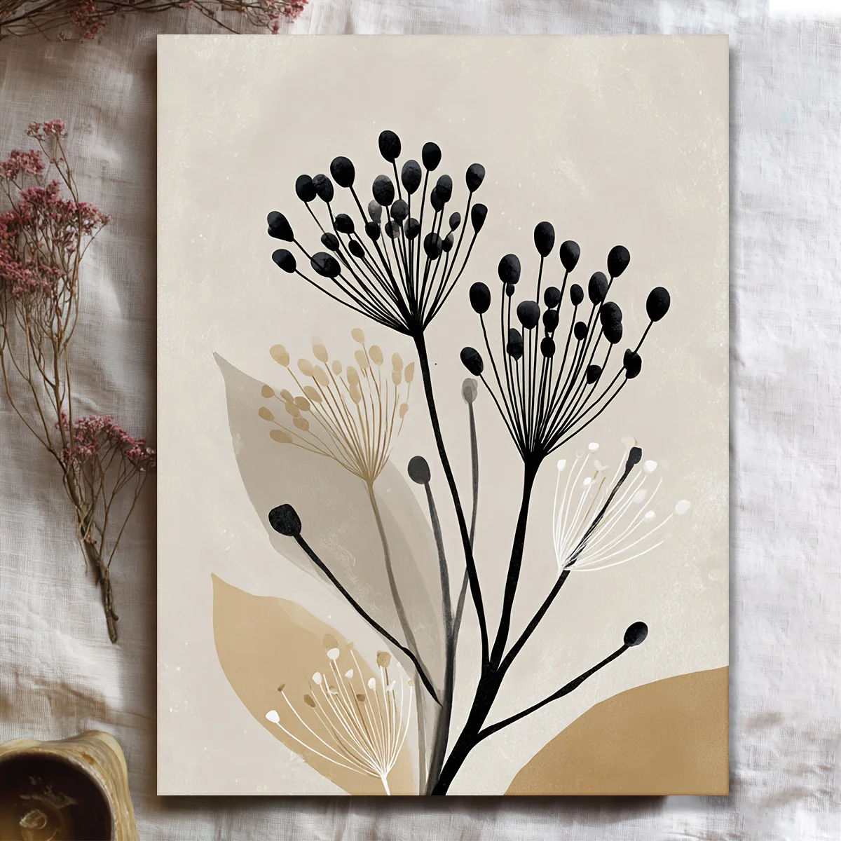 (No frame)1pc, with Frame, 12x16inch [2D Flat] High Quality Manga Style Modern Minimalist Art Beige Black Wildflower Boho Flo