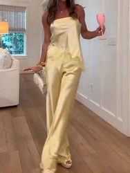 Women Casual Solid Strapless Top 2PCS Outfit, Summer Holiday Patchwork Loose Suits, Wide Leg Pants Simple Ladies Matching Sets