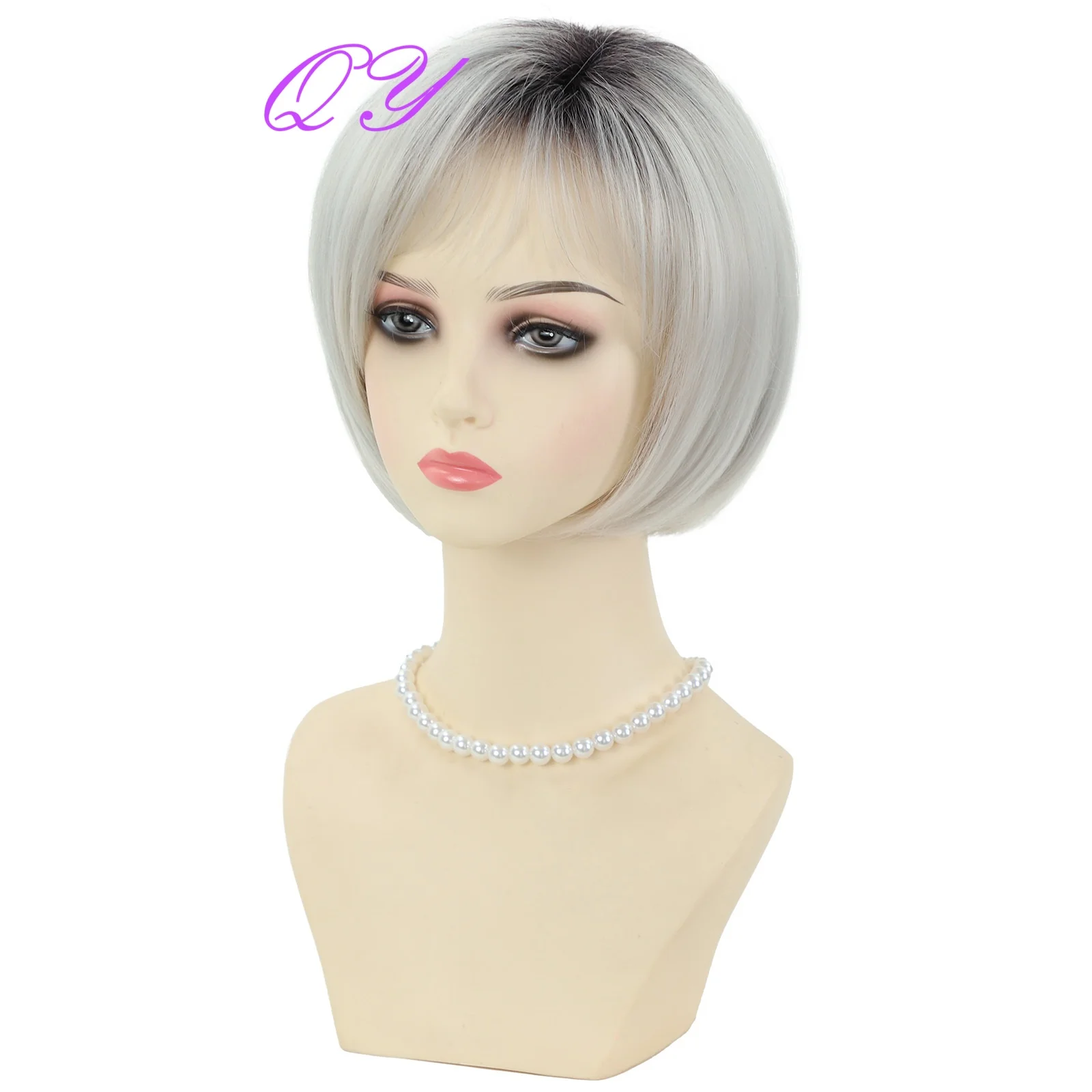 Synthetic Short Bob Straight Wig With Black Hair Roots Gray Gold Color High Quality Women's Wig For Daily Or Party Use