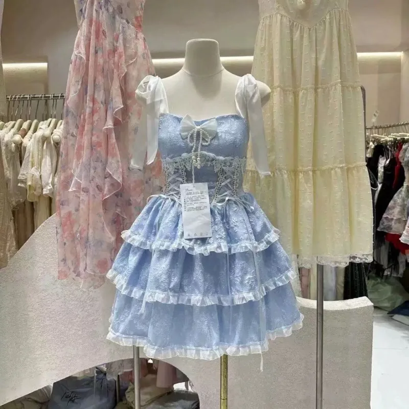 Verão doce lolita vestido de princesa feminino elegante renda retalhos arco em camadas bolo vestido y2k harajuku design de moda cinta vestido
