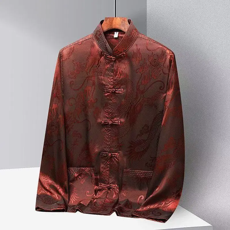 Men's Tai Chi Clothing Spring Summer Dragon Pattern Long Sleeve Shirt Traditional Chinese Kung Fu Tang Suits Middle-aged Dad Top