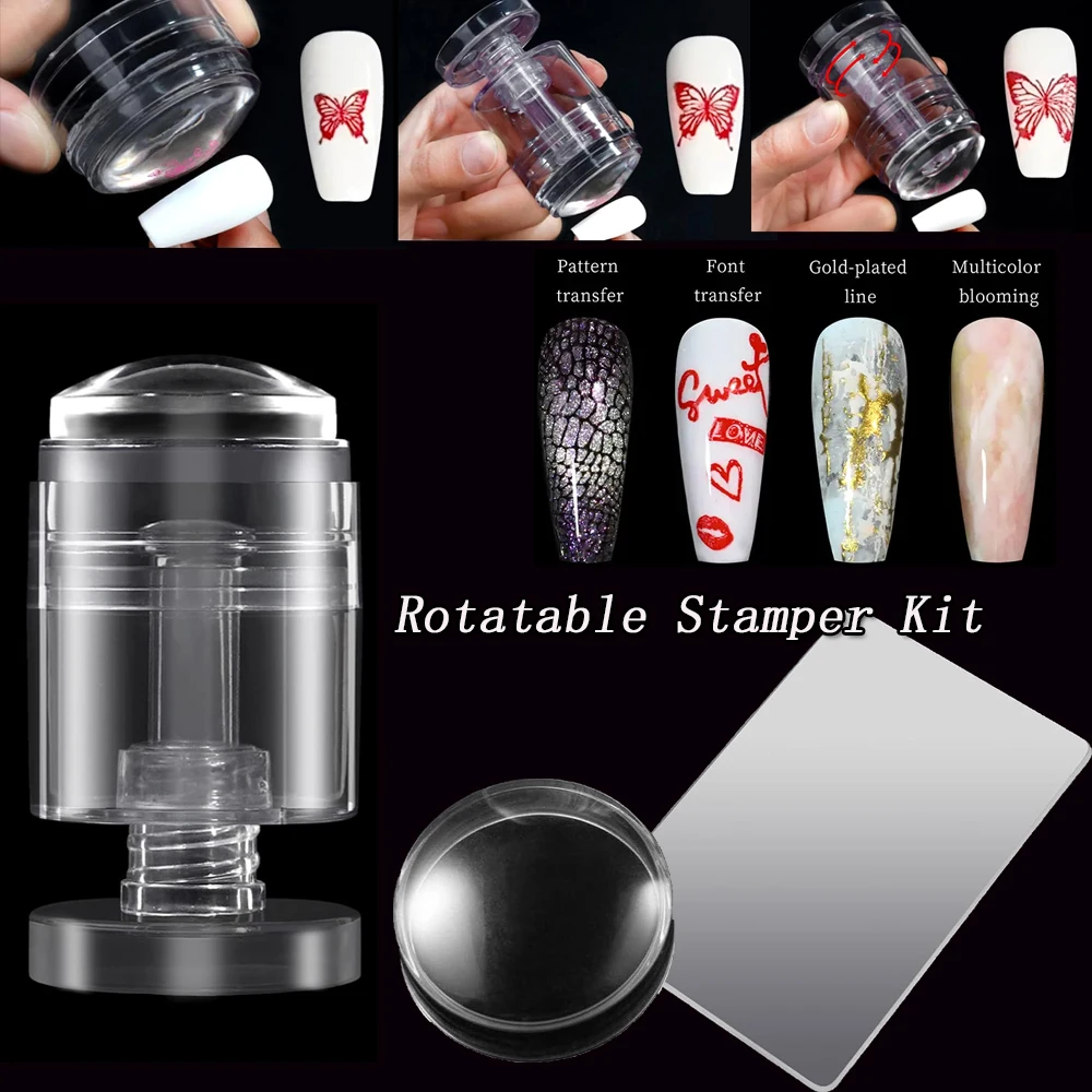 Drehbares Stamper-Set mit französischer Spitze, Nagelkunst-Stempel mit verstellbarer Mustergröße, DIY, durchsichtiges Silikon-Stempel-Maniküre-Salon-Werkzeug