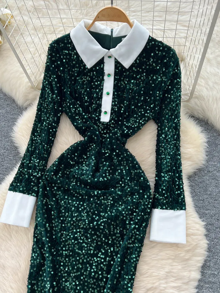 Ele High-End Women's Long Sve Dr with Stand Collar Slimming iny Sequins Bodycon Skirt Polyester Fiber High Waist