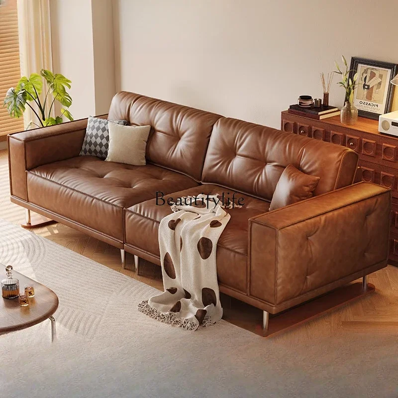 

LJYretro oil wax leather sofa French medieval small apartment down solid wood first layer cowhide straight row sofa