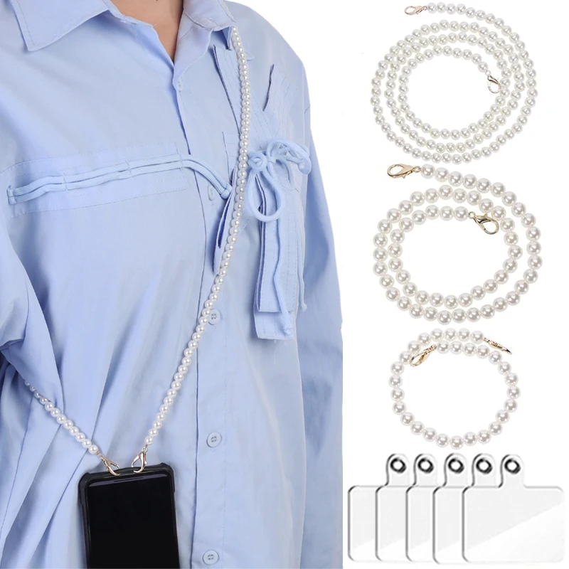 Phone Lanyard Crossbody Lanyard Pearl Chain with Cards for Iphone Samsung Phone Universal Anti-lost Pearl Strap Phone Wristband