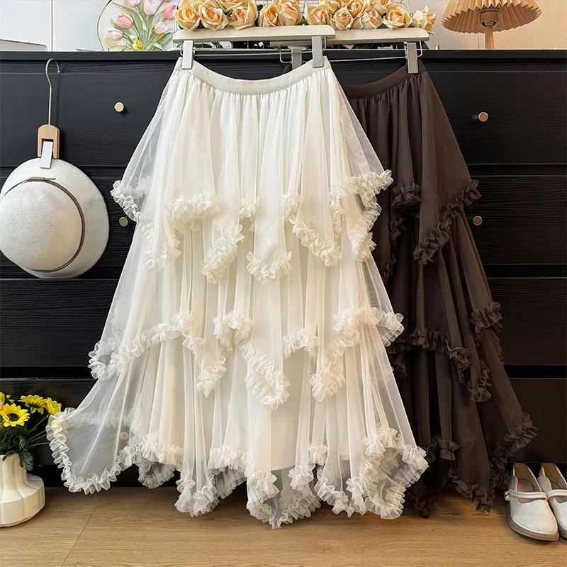 

Плиссированная сетчатая пышная юбка во французском стиле суда, весна 2026, плиссированная длинная юбка трапециевидной формы с высокой талией, темпераментная свободная женская юбка