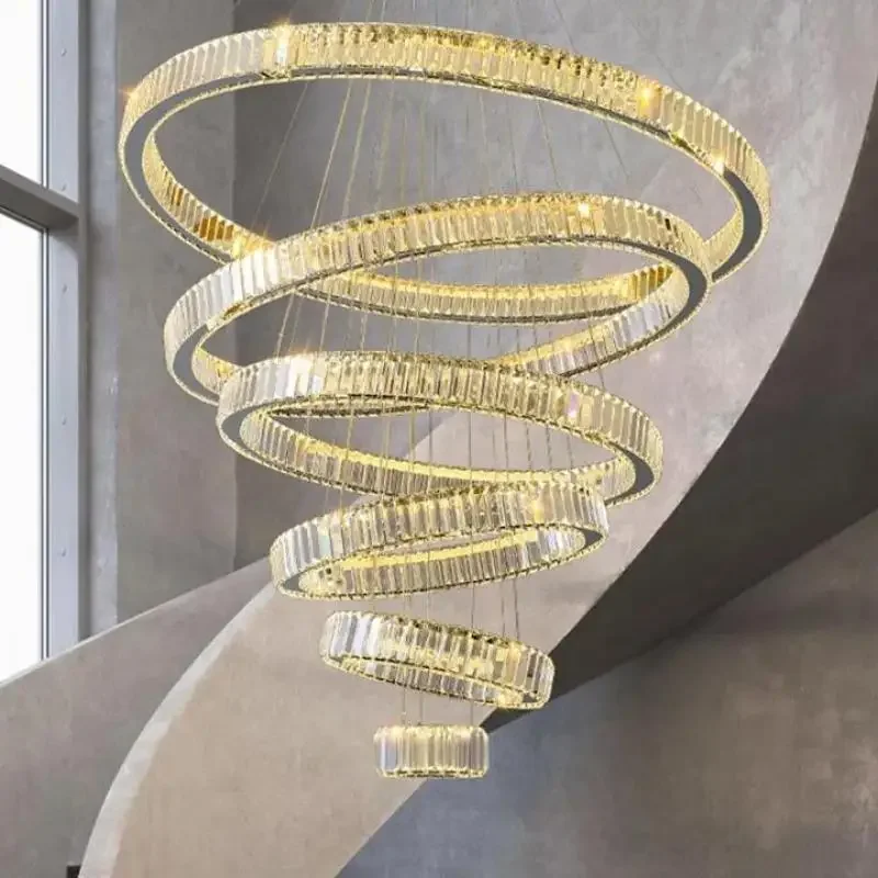 

Nordic Modern Stairs Crystal Circle Led Chandelier Led Dimmable Living Room Pendant Lighting Lustre Steel Led Hanging Lamp