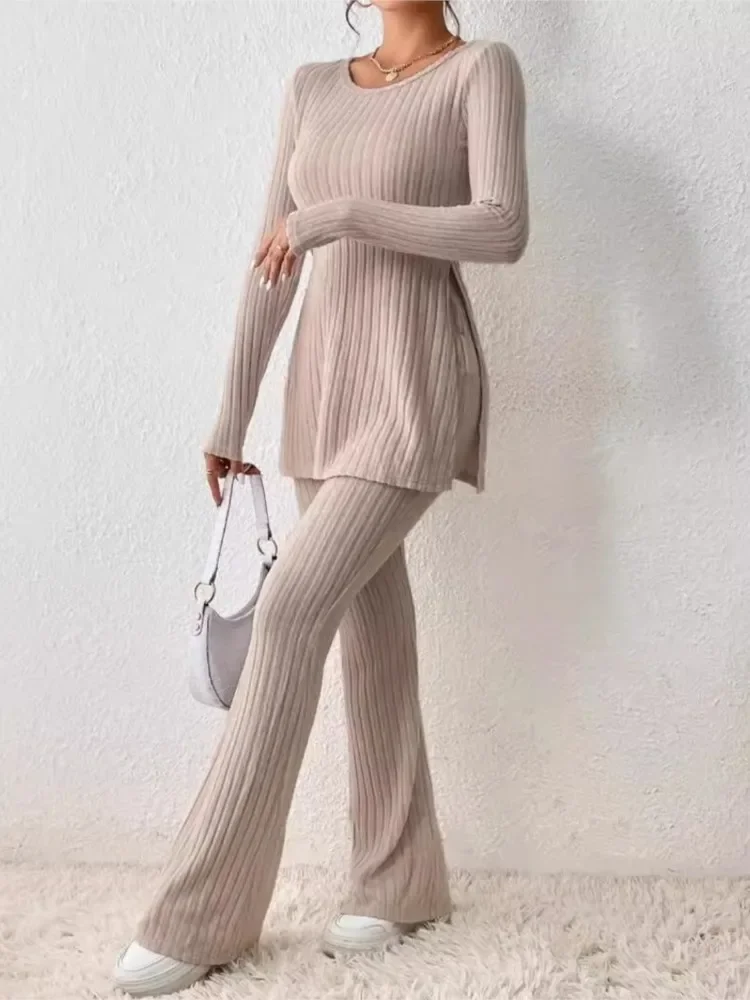 

2025 Fashion Knit Suit Autumn Winter Casual Loose Pullover+Elastic Long Pants Print Knitted Solid Two Pieces Sets Women Clothing