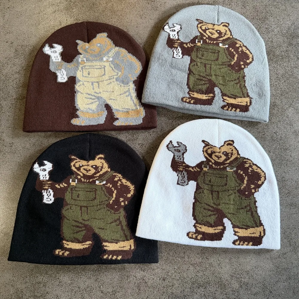 American Style Streetwear Cartoon Little Bear Casual Hat Winter Graphic Print Skullcap 100%Cotton Retro Skullcap Unisex
