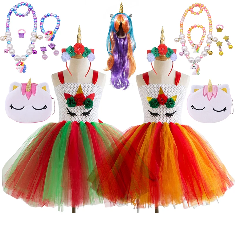 

Girls Christmas Cartoons Unicorn Costume For 2-10Years Kids Rainbow Birthday Party Tutu Dresses Princess Cosplay Costumes