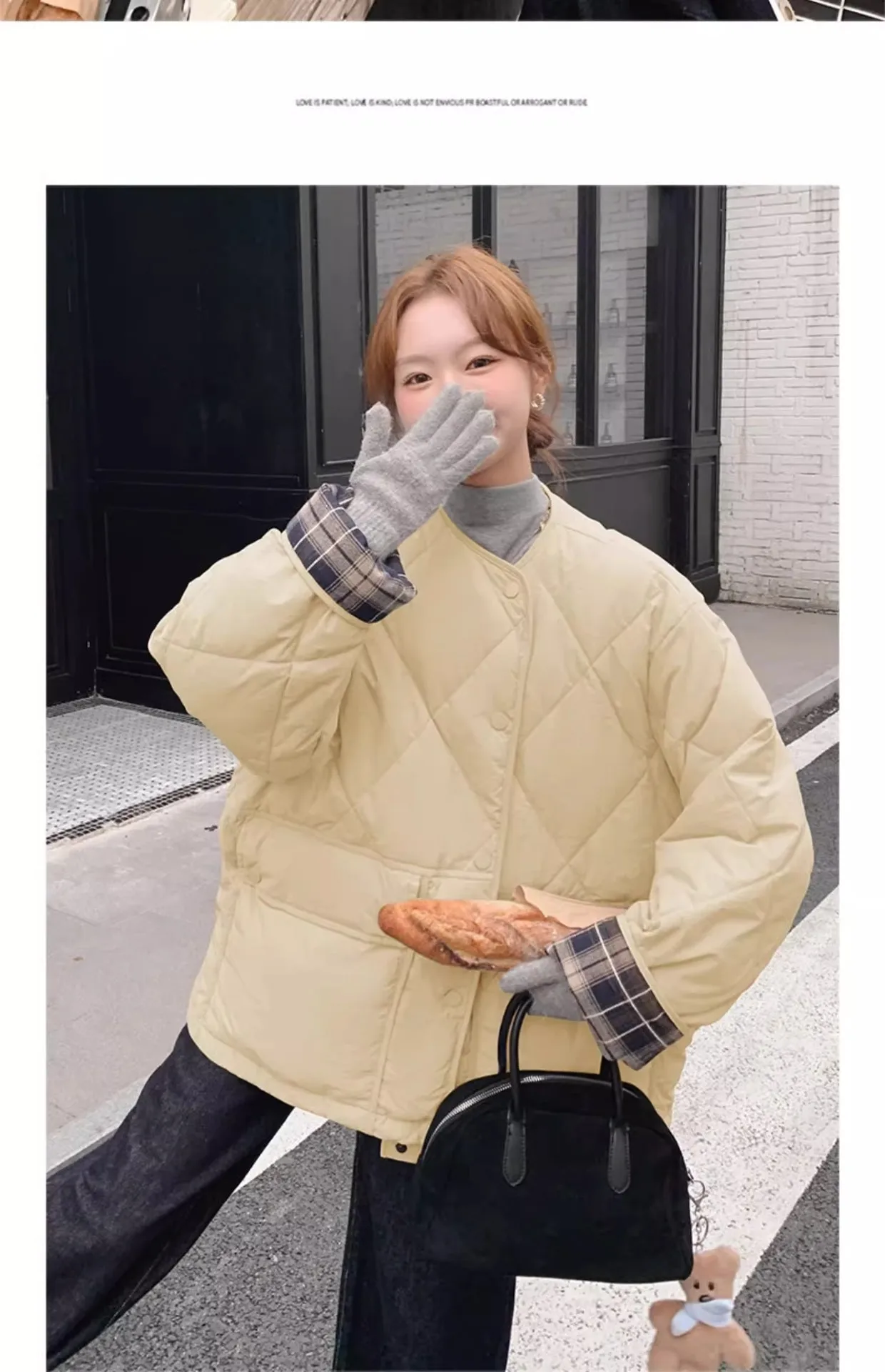 Retro Plaid Patchwork Lightweight Puffer Jacket Autumn Winter Loose Casual Quilted Jacket Female Round Neck Commute Padded Coats