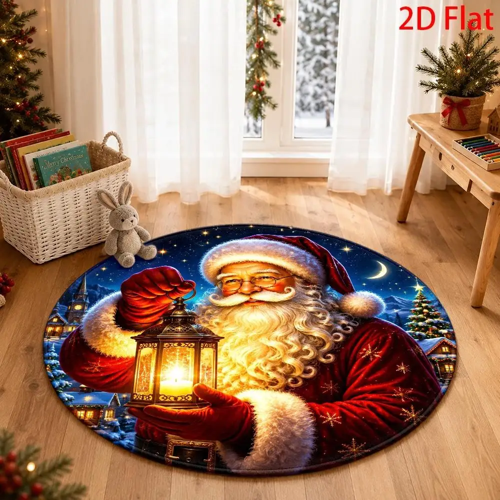 Round Christmas Decorative Area Rug, Santa Claus Lantern Winter Snow Town Print Soft Floor Mat for Living Room Bedroom