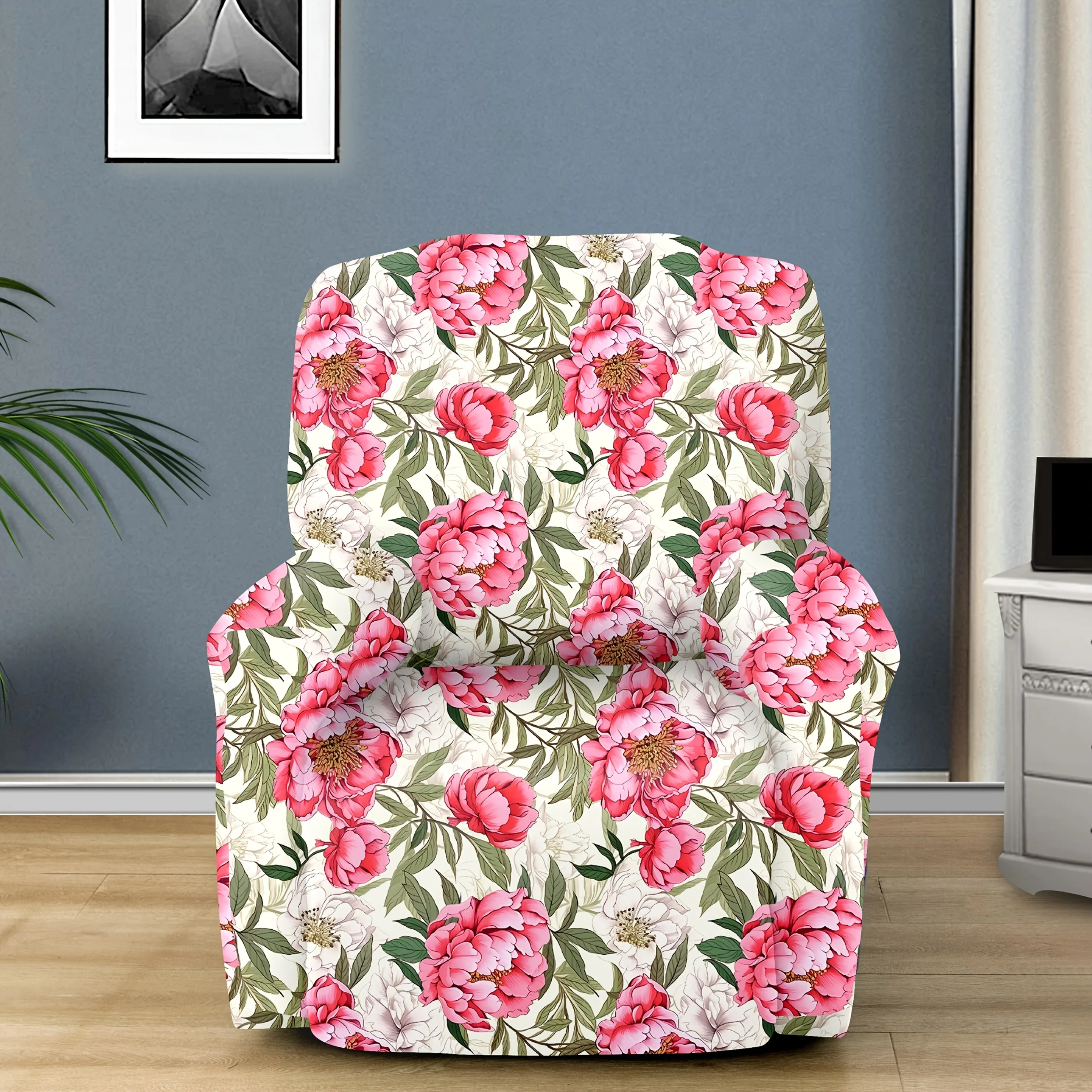 Recliner Slipcover, Elegant Peony Flower Print Elastic Chair Cover for Living Room, Washable