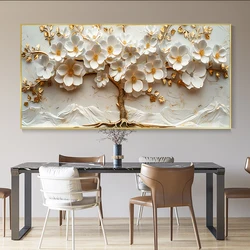 Abstrsct 3D Tree with White Flower Posters and Prints Canvas Painting Wall Art Pictures for Living Room Home Decor No Frame