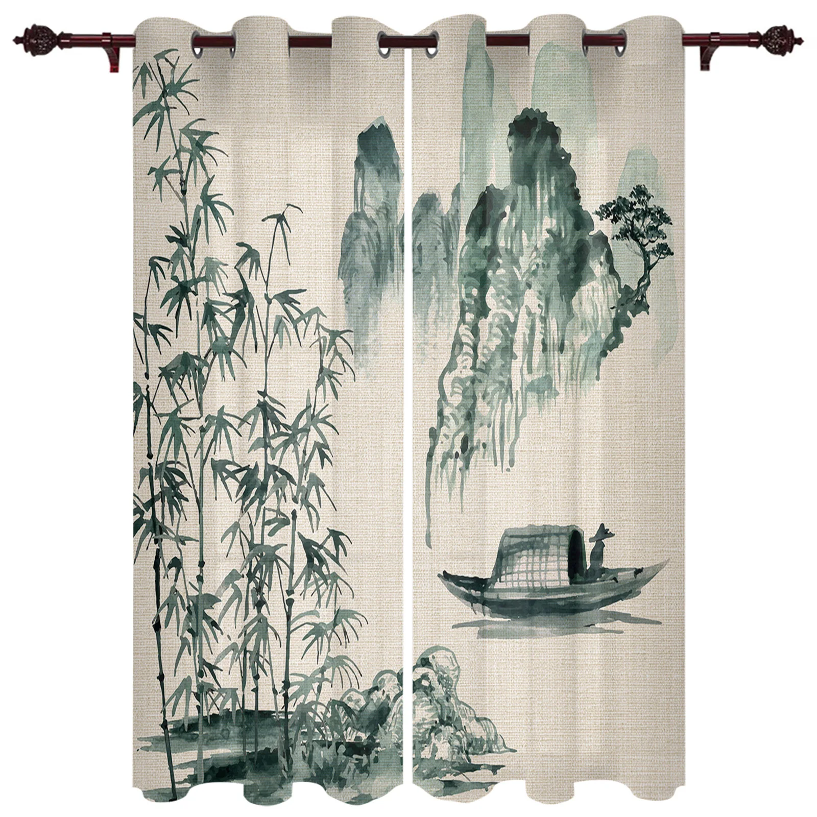 Chinese Painting Landscape Bamboo Boat Window Curtain Living Room Bedroom Valance Curtain Festival Home Kitchen Decor Curtain