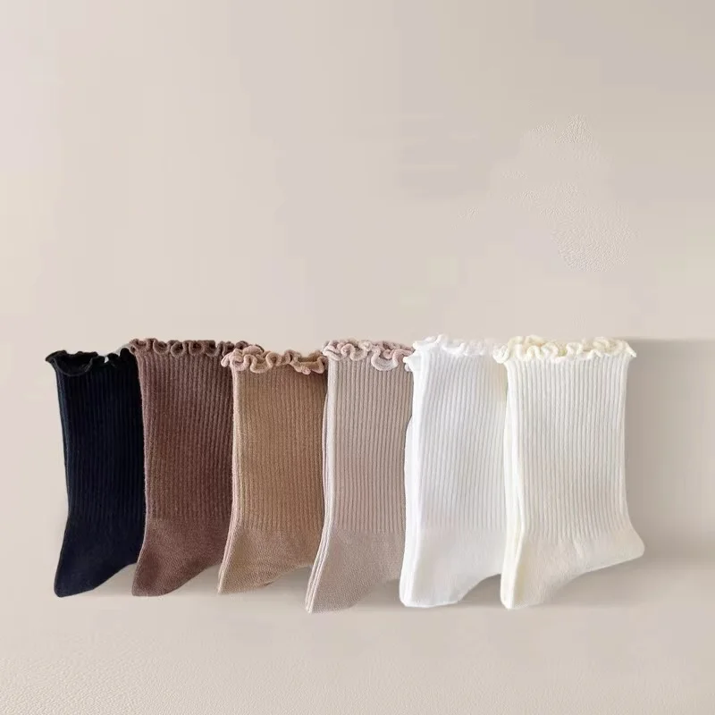 6 Pairs/Lot Ruffled Mid Length Socks Women\'s Breathable Solid Color Set Spring and Autumn Comfort Sweat-absorbing Girls\' Socks