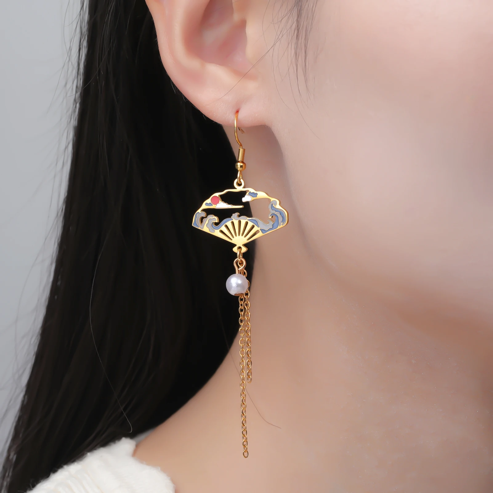 Boucles d'oreilles pendantes éventail colorées Unift, style chinois, éventail creux, pour femmes, vintage, en forme d'éventail, avec perles, bijoux, cadeau