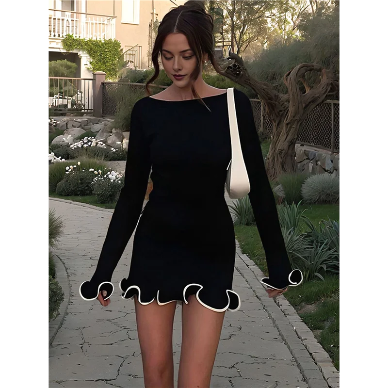 A83F-Women Elegant Ruffle Hem Knit Mini Dress Long Sleeve Contrast Color Patchwork Bodycon Short Sweater Dress Fall