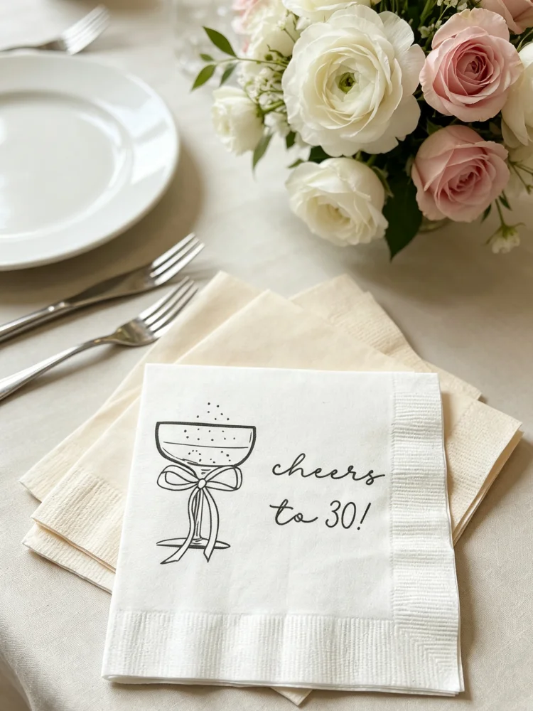 Personalized Cheers to 30 Years Bow Themed 30th Birthday Cocktail Napkins Gold Foil Stamped Disposable Paper Napkins Custom Name