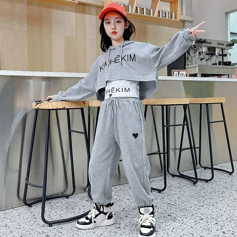 For 6 8 9 10 12 Years Teenage Girls Sports Clothes Girls Spring Summer 3PCS Casual Fashion Korean Style Hoodie+Jogging Pants