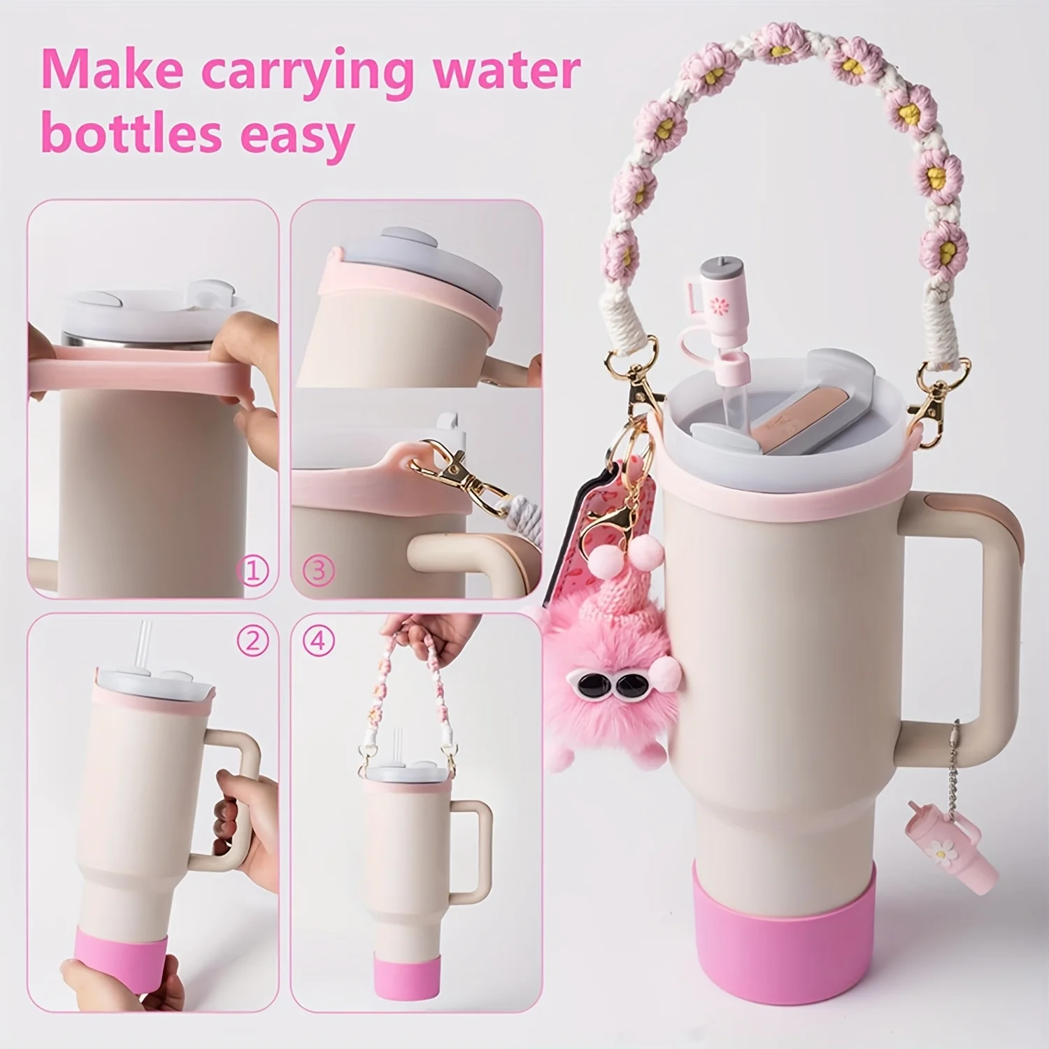 7 قطع إكسسوارات لـ 40 و30 أونصة مع مقبض، بما في ذلك غطاء غطاء من القش 10 مم، وحزام مقبض الماء، وحامل أحمر الشفاه، وسلسلة ساحرة، وبومب #4