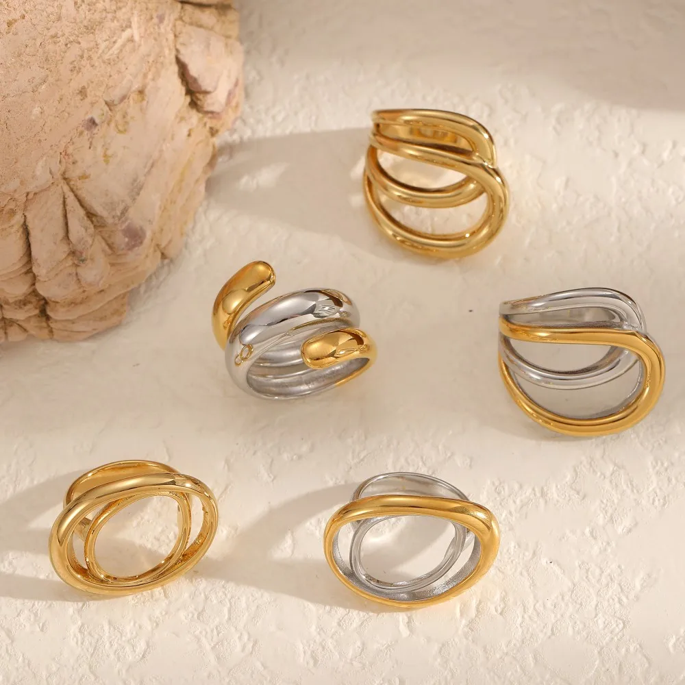 TD Edelstahl Gold Silber Gemischte Farben Unregelmäßige Geometrische Linien Offener Ring für Frauen Wasserfester Modeschmuck – Detail 2