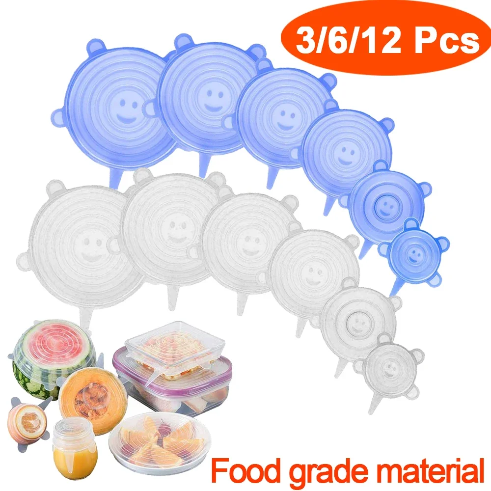 New 3/6/12 Pcs Food Silicone Cover Cap Universal Silicone Lids for Cookware Bowl Microwave Reusable Stretch Lids Food Wrap