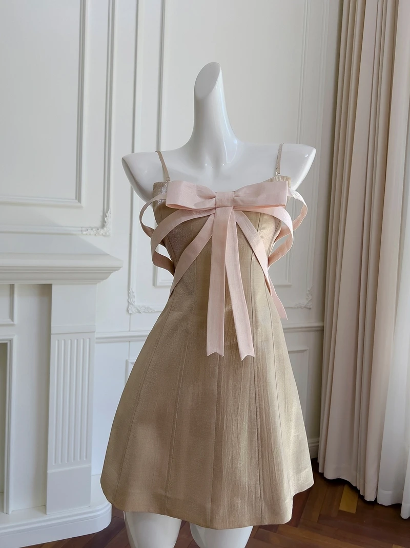Retro Sle Birthday Dr Knot Gentle Milk Tea Color Strapl Holiday Dr A-Line Skirt High Waist Polyester Fiber