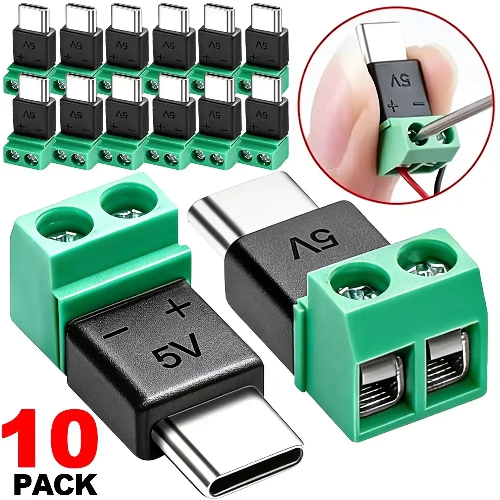 1-10Pcs Solderless Plug USB C to 2Pin Terminal Adapter Screw 5V Crimp Terminal Block Green Type-C to 2 Pin Charging Connector