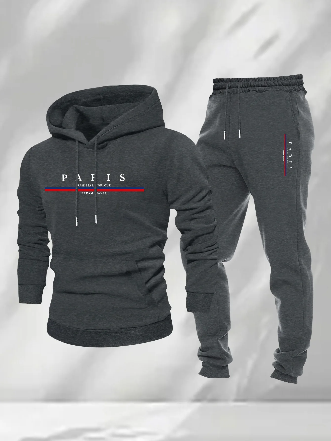 Men 2Pcs Paris Letter Red Blue Stripe Hoodie Sweatpants Set Polyester Loose Autumn Daily Street Casual Sport Tracksuit Male