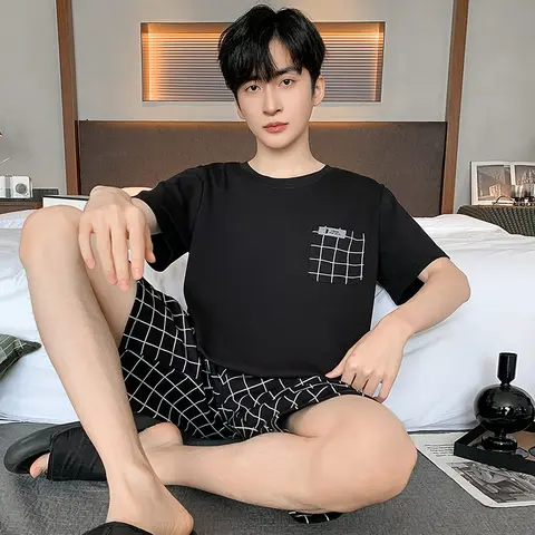 여름 남성 짧은 소매 플러스 사이즈 잠옷 세트 코튼 Loungewear 격자 무늬 Nightwear 학생 캐주얼 스포츠 Pijamas L-4XL Pjs