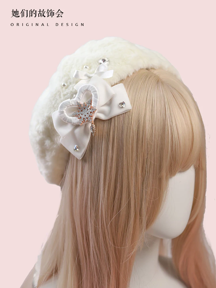 Autumn and Winter Temperament Pearl Plush Beret Japanese Lolita Original Handmade Snowflake Love Bow Cap Female Warm Kawaii Hat